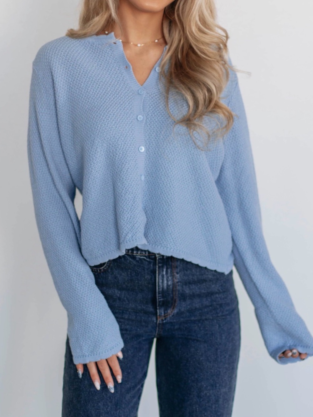 NEW Powder Blue Button Front Textured Knit Cardigan— Small